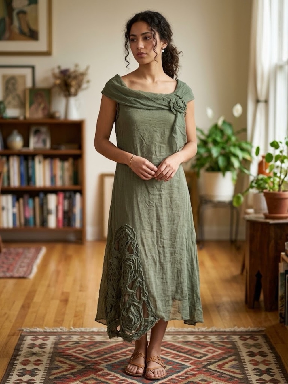 Olive Midi Dress with Rosette Shoulder and Lace-Trim Detail